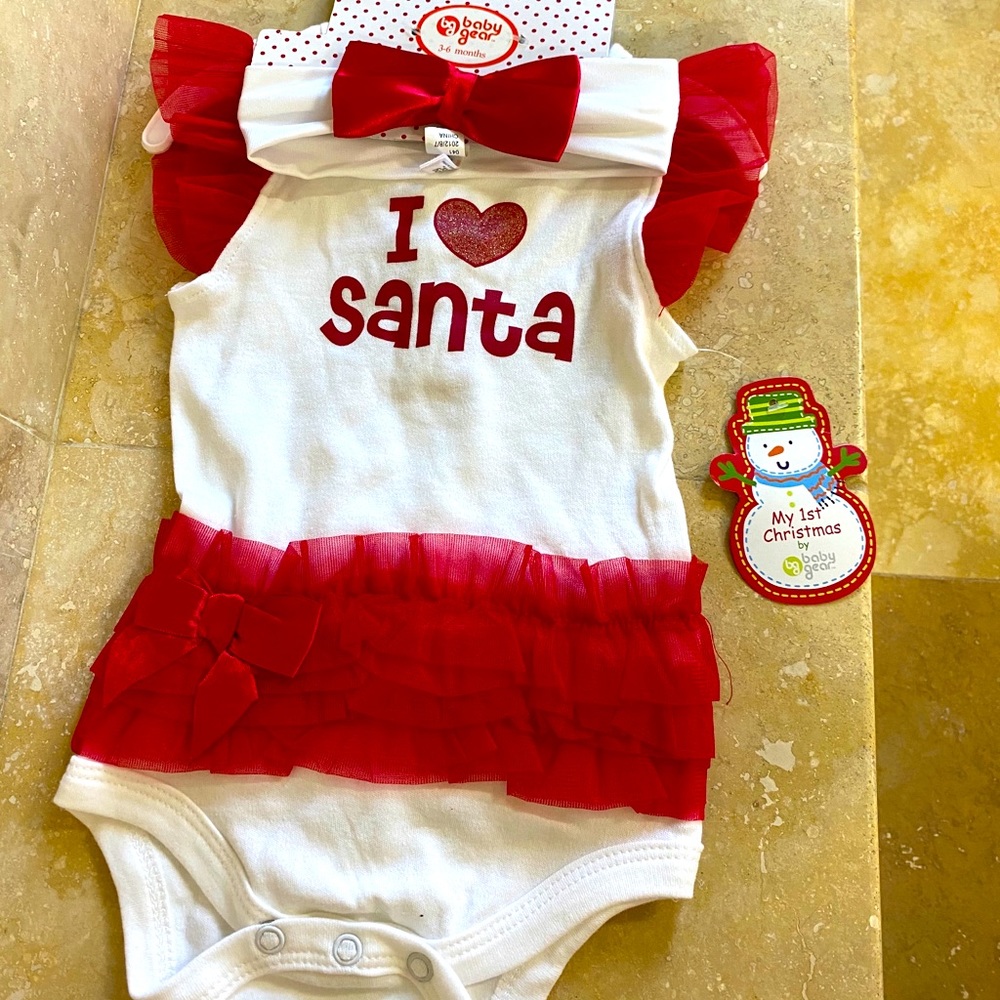 Baby Girl Santa Christmas Onesie with Headband White Size 3-6 months New